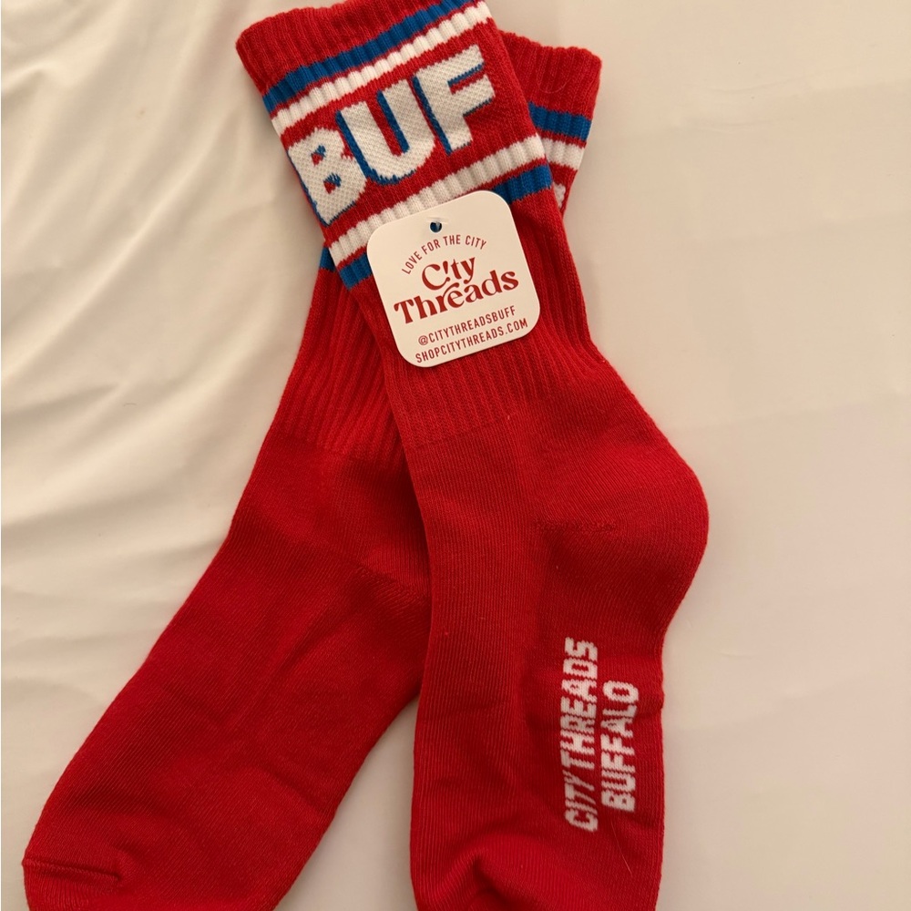 City Threads Red Crew Socks with Blue & White Stripe Accents